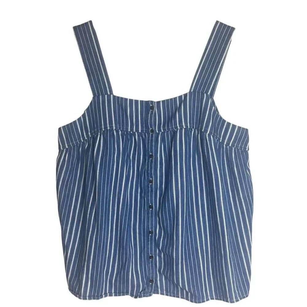Old Navy Womens Striped Chambray Square Neck Cotton Tank Top Blue White Large